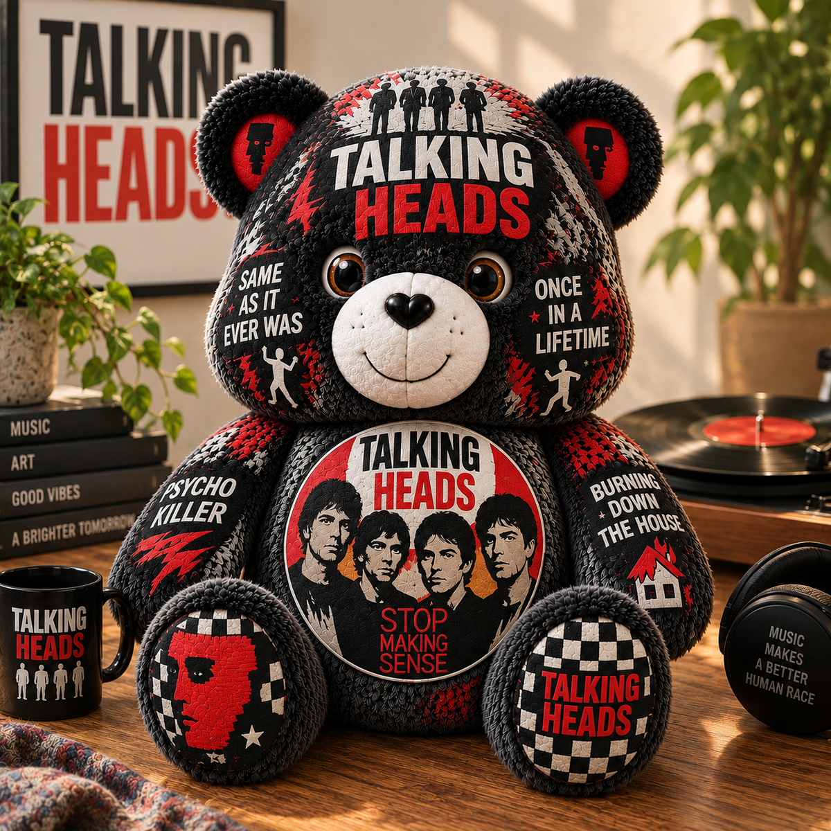 Talking Heads Custom Shaped Bear Pillow – New Wave & Art Rock Music Inspired Gift for Talking Heads Fans