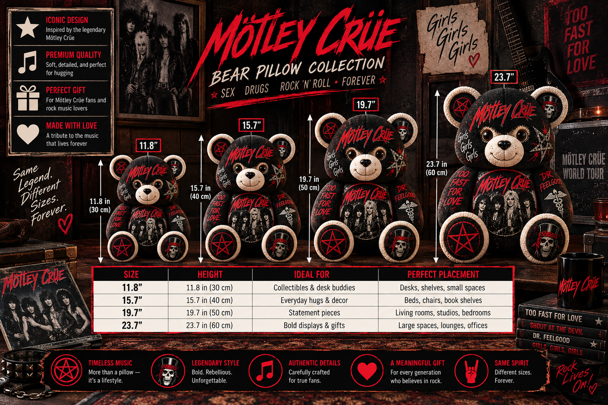 Mötley Crüe Bear Custom Shaped Pillow – Glam Metal Rock Music Fan Gift