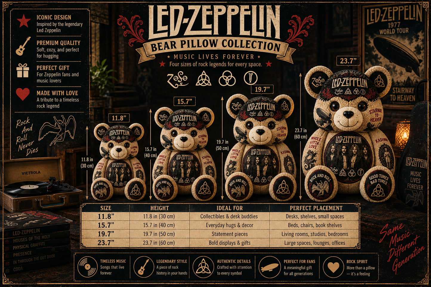 Led Zeppelin Bear Custom Shaped Pillow – Rock Music Legend Gift