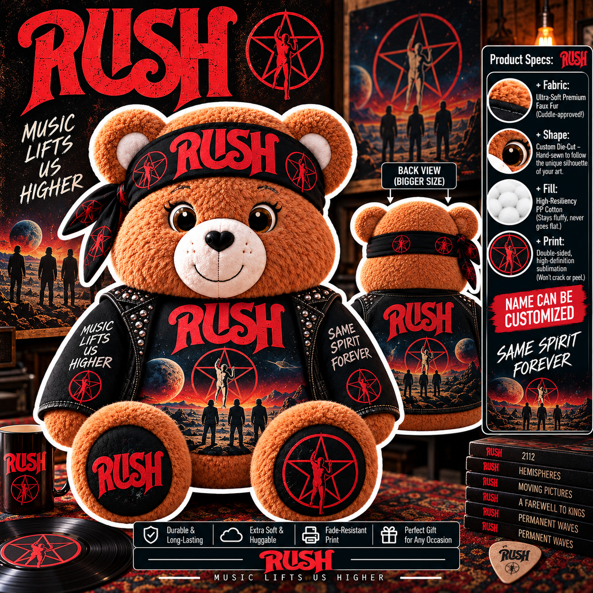 Rush Custom Shaped Bear Pillow – Music Lifts Us Higher Progressive Rock Music Inspired Gift for Rush Fans