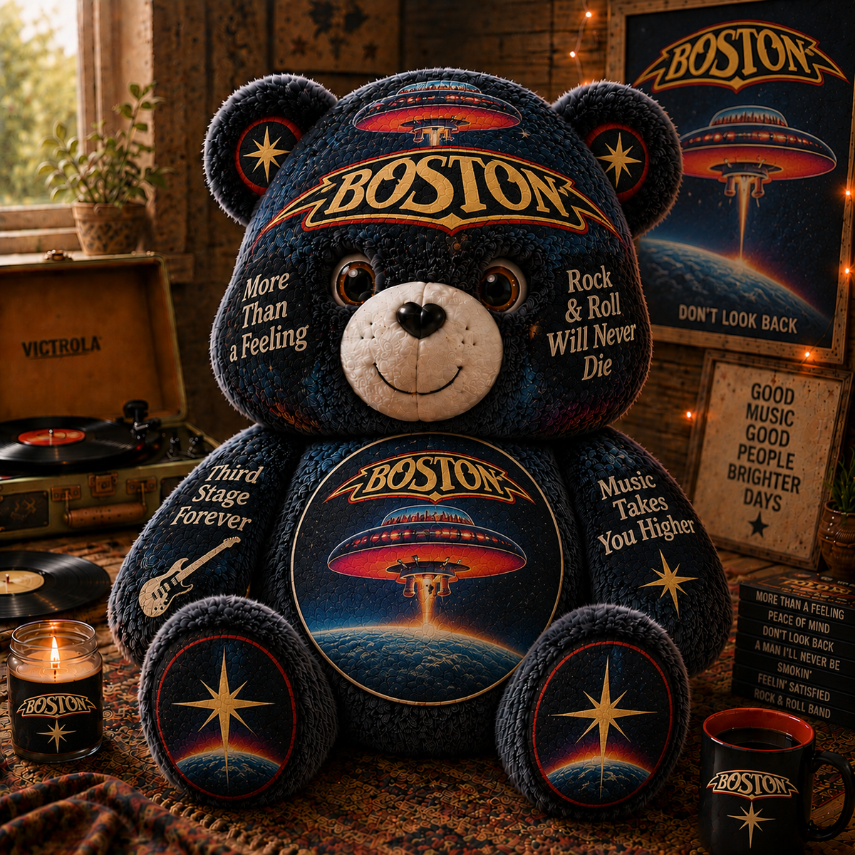 Boston Custom Shaped Bear Pillow – Classic Rock Music Inspired Gift for Boston Fans