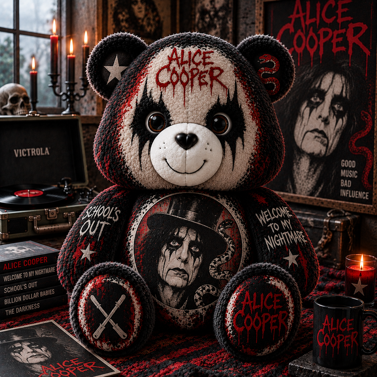 Alice Cooper Custom Shaped Bear Pillow – Shock Rock Music Inspired Gift for Alice Cooper Fans