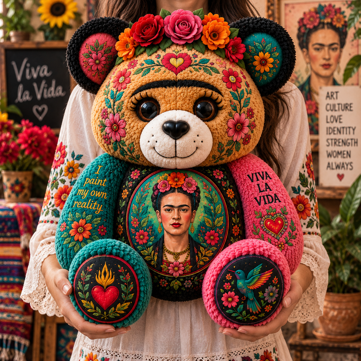 Frida Kahlo Custom Shaped Bear Pillow – Mexican Folk Art Inspired Gift for Art Lovers