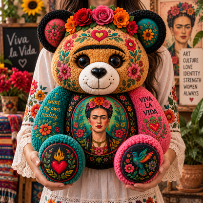 Frida Kahlo Custom Shaped Bear Pillow – Mexican Folk Art Inspired Gift for Art Lovers