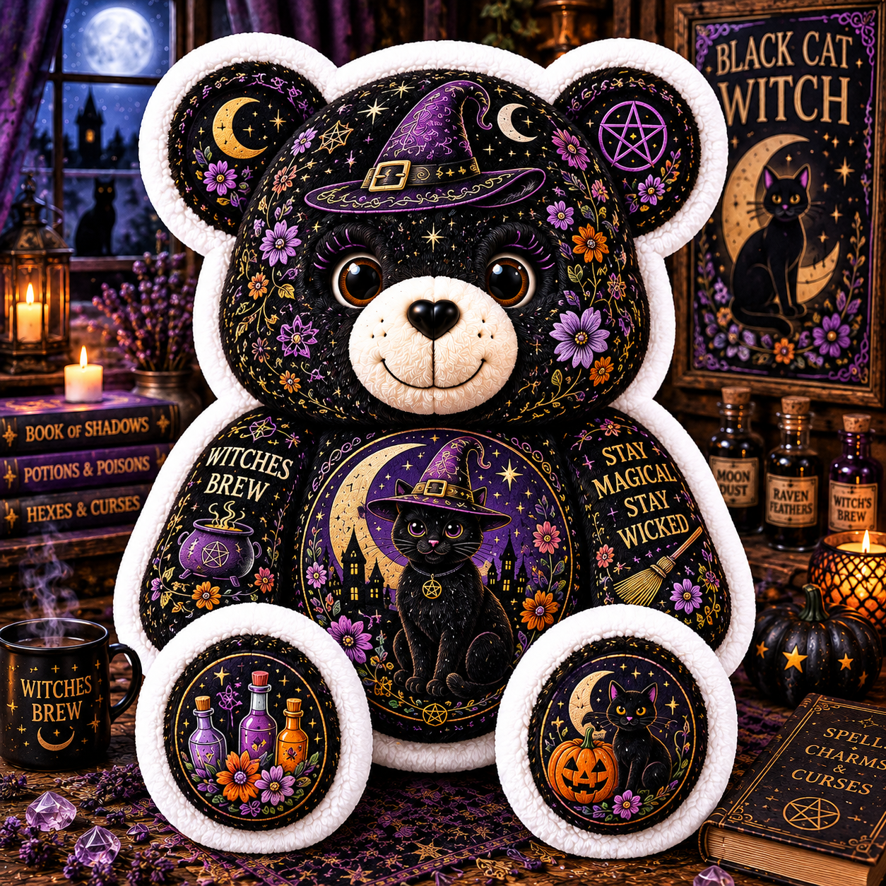 Black Cat Witch Bear Custom Shaped Pillow – Stay Magical, Stay Wicked Halloween Witchy Gift