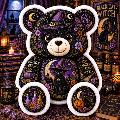 Black Cat Witch Bear Custom Shaped Pillow – Stay Magical, Stay Wicked Halloween Witchy Gift