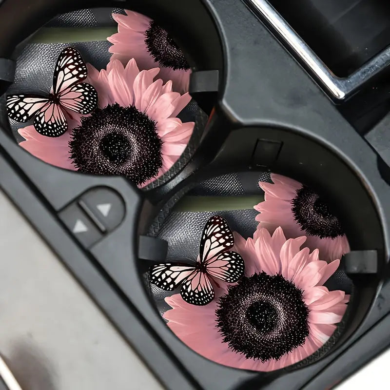 Pink Sunflower & Butterfly Car Coaster