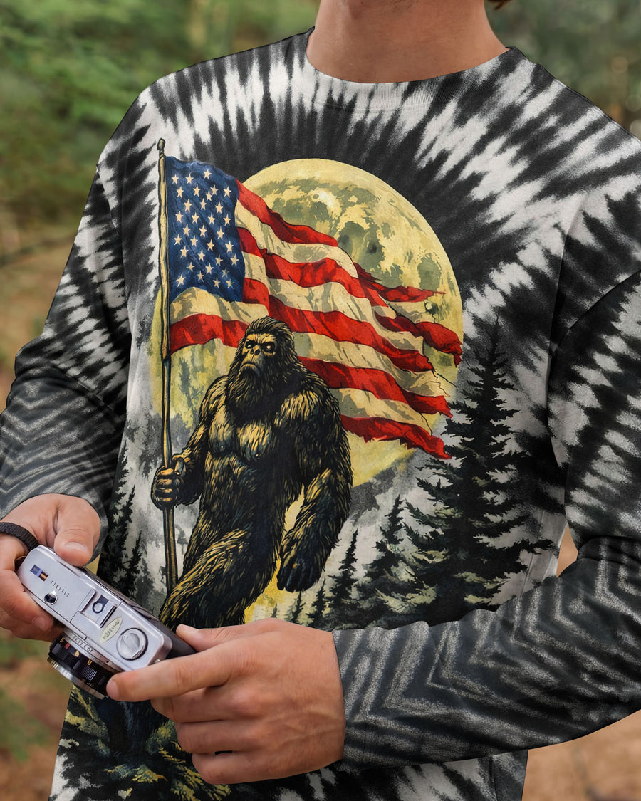 BIGFOOT WITH FLAG MOON V SWIRL ALL OVER PRINT SHIRT