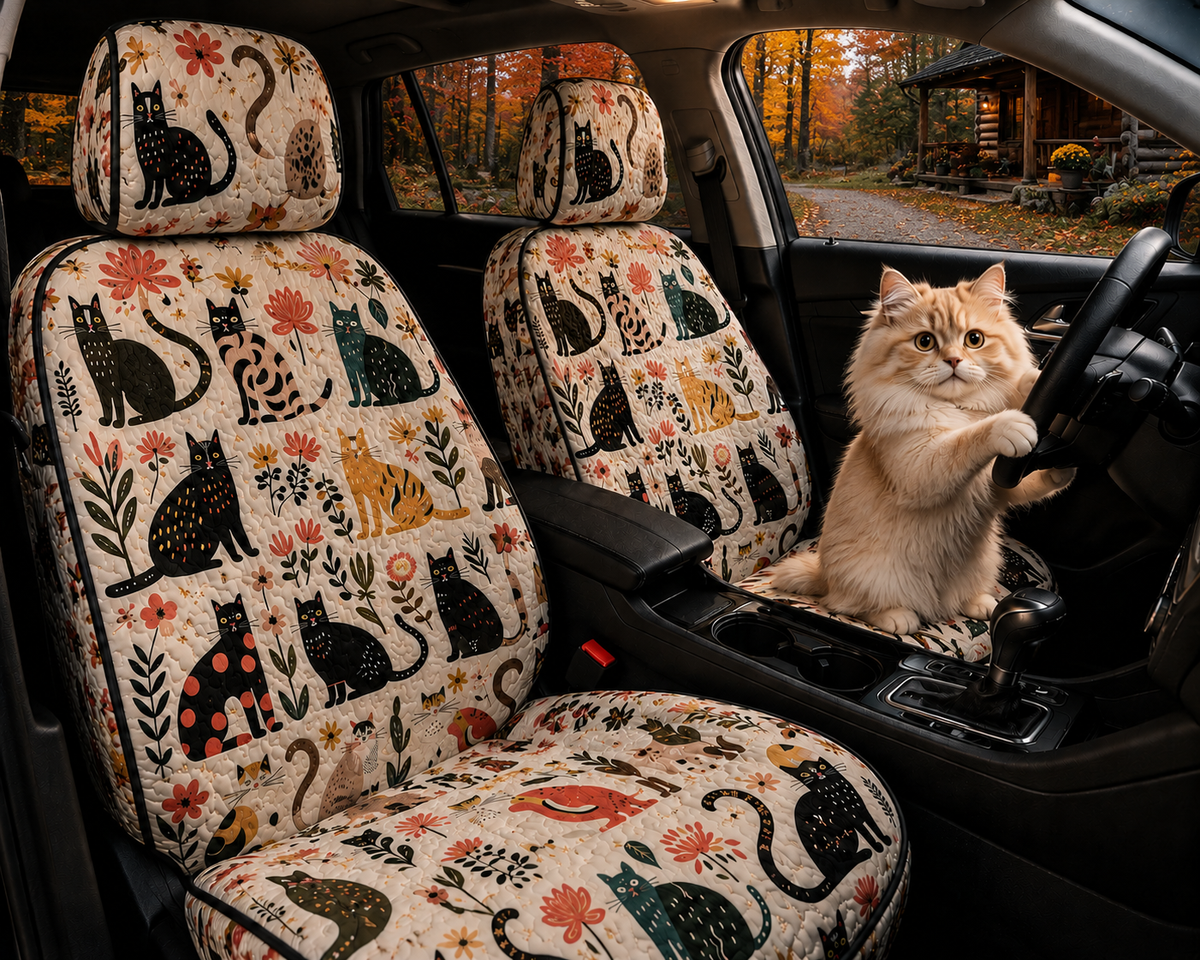 Whimsical Cats Car Seat Covers – Cute Floral Gift for Cat Moms & Cat Lovers