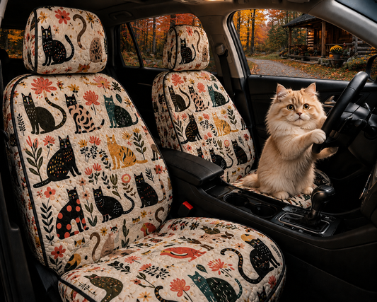 Whimsical Cats Car Seat Covers – Cute Floral Gift for Cat Moms & Cat Lovers