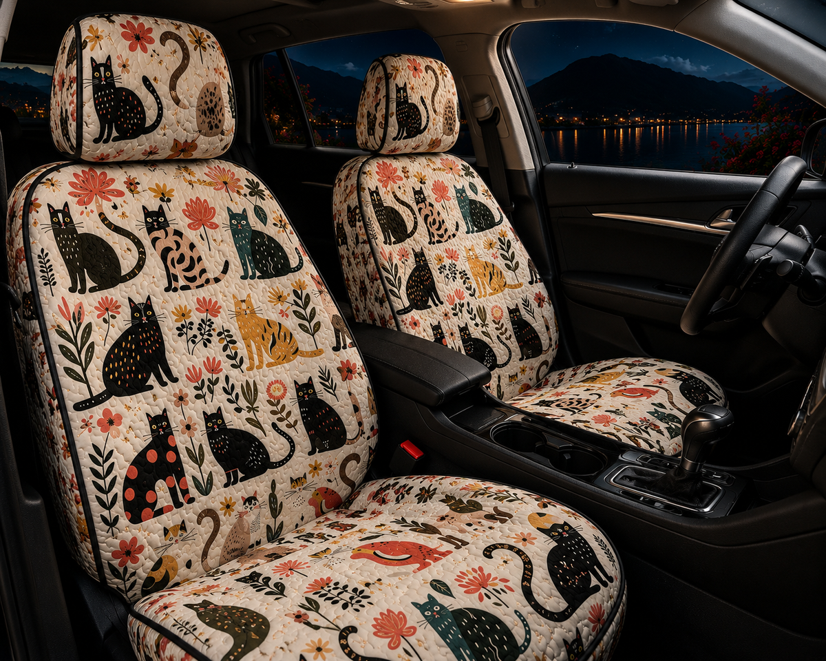 Whimsical Cats Car Seat Covers – Cute Floral Gift for Cat Moms & Cat Lovers