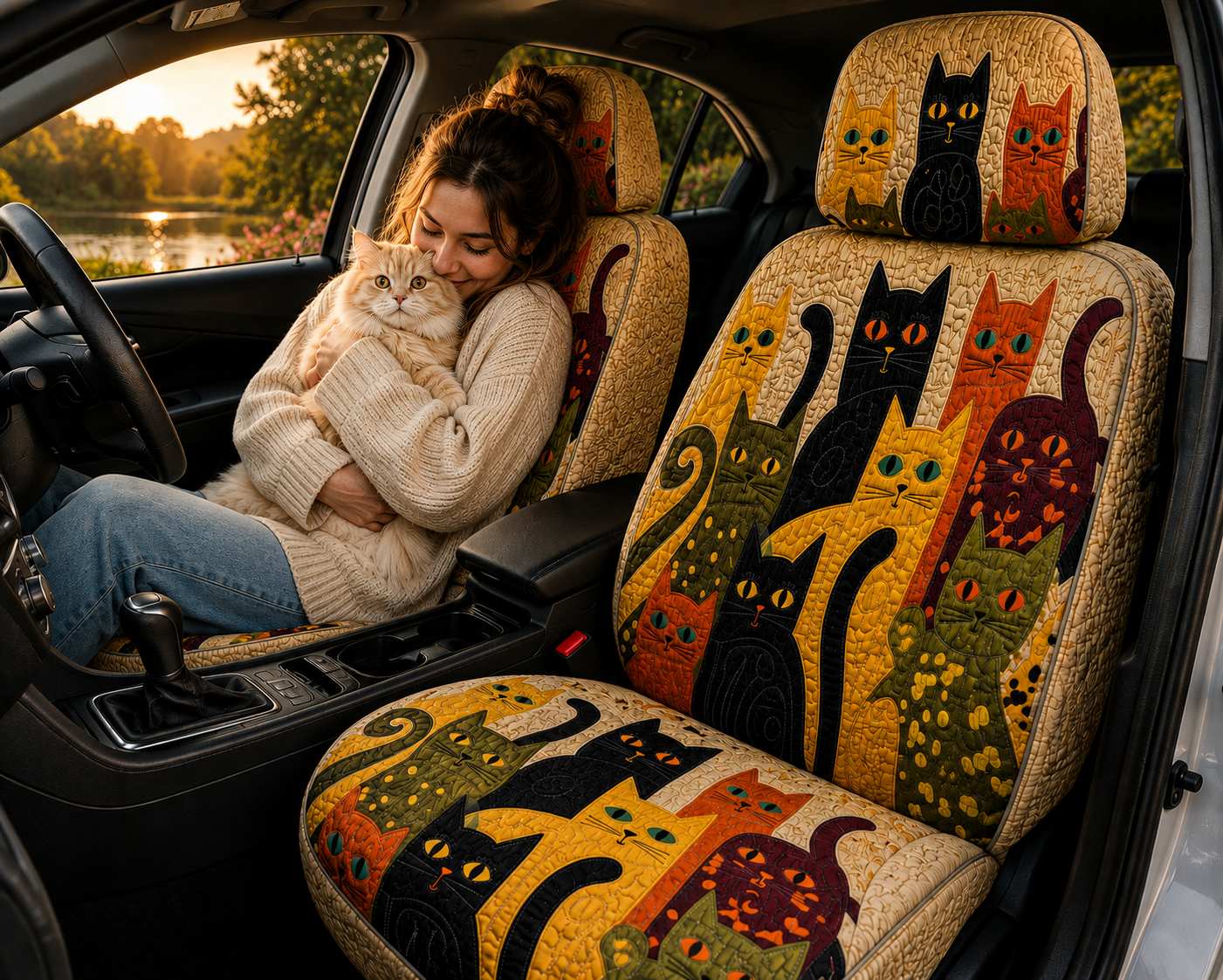 Whimsical Cat Family Car Seat Covers – Colorful Gift for Cat Moms, Cat Lovers & Pet Owners