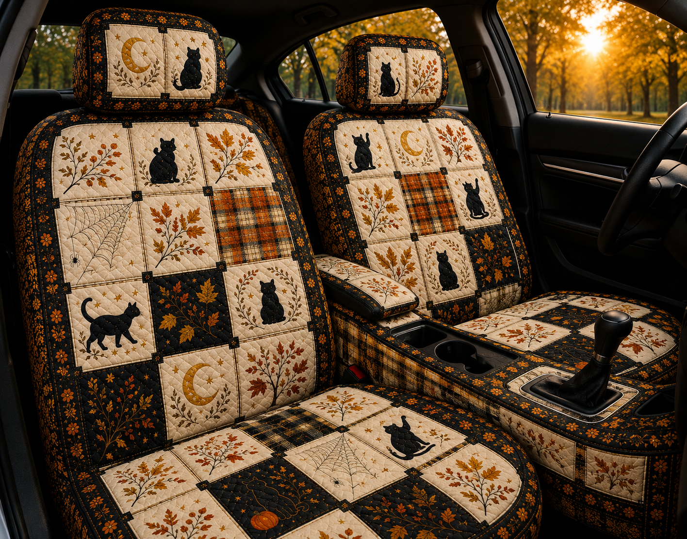 Autumn Black Cat Patchwork Car Seat Covers – Colorful Gift for Cat Moms