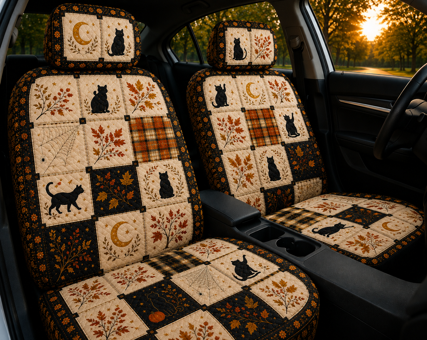Autumn Black Cat Patchwork Car Seat Covers – Colorful Gift for Cat Moms