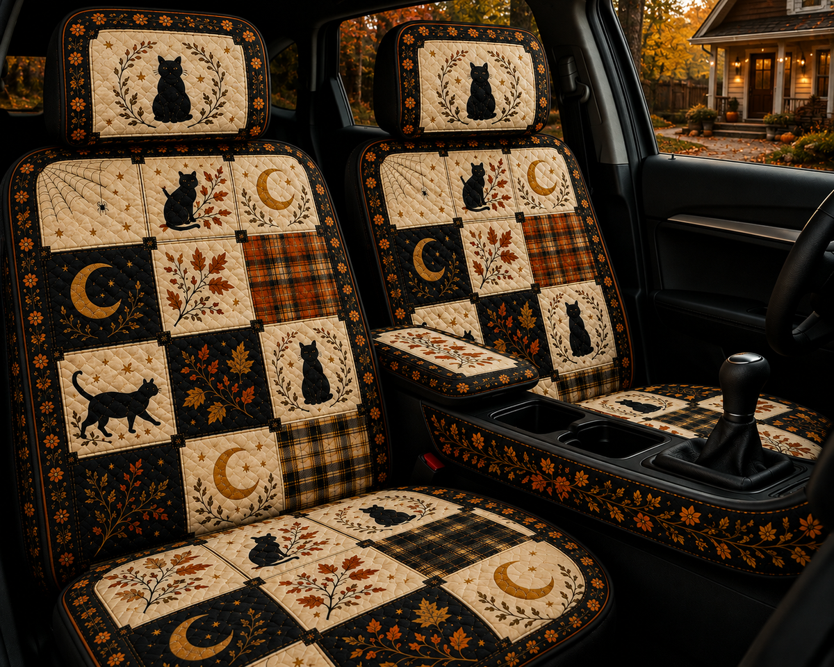 Autumn Black Cat Patchwork Car Seat Covers – Colorful Gift for Cat Moms