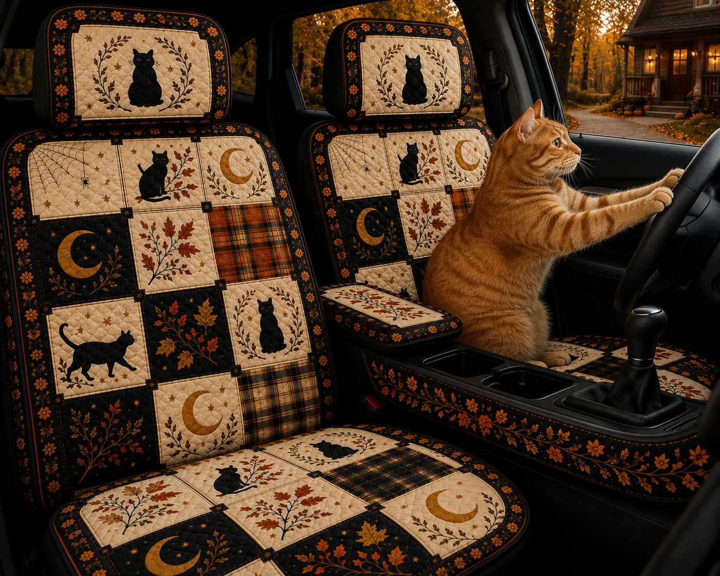 Autumn Black Cat Patchwork Car Seat Covers – Colorful Gift for Cat Moms