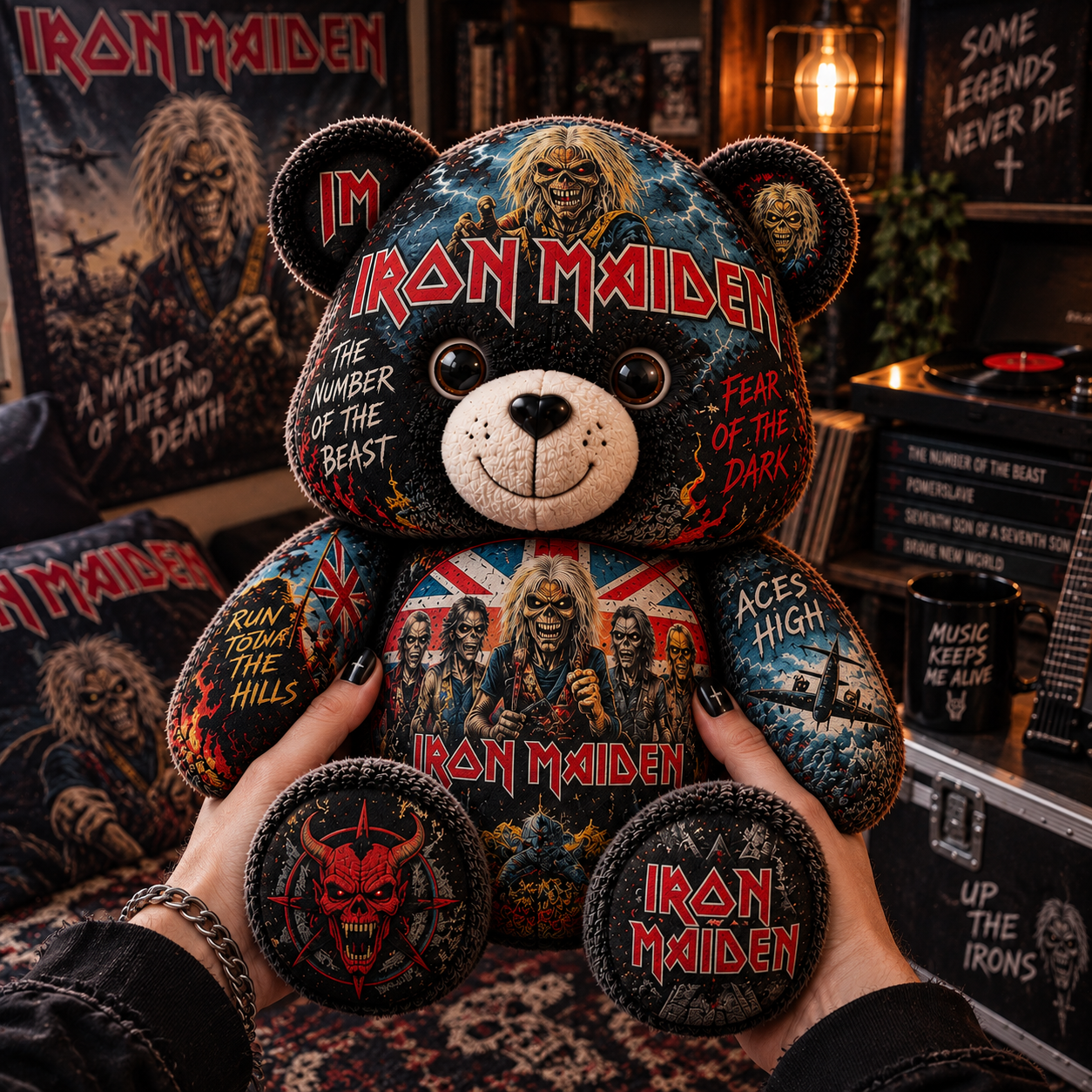 Iron Maiden Bear Custom Shaped Pillow – Fear of the Dark Heavy Metal Music Fan Gift, Rock Collectible