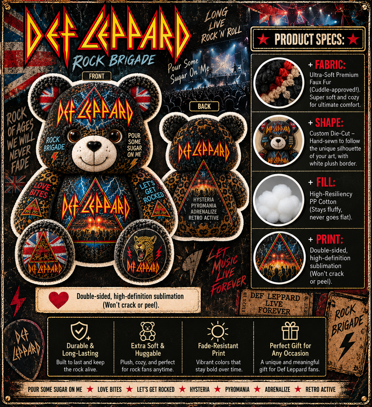 Def Leppard Bear Custom Shaped Pillow – Hysteria Rock Music Fan Gift, Classic 80s Rock Lover Decor