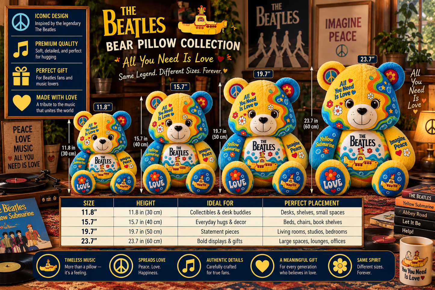 The Beatles Bear Custom Shaped Pillow – Gift for Beatles Fans & Music Lovers 2