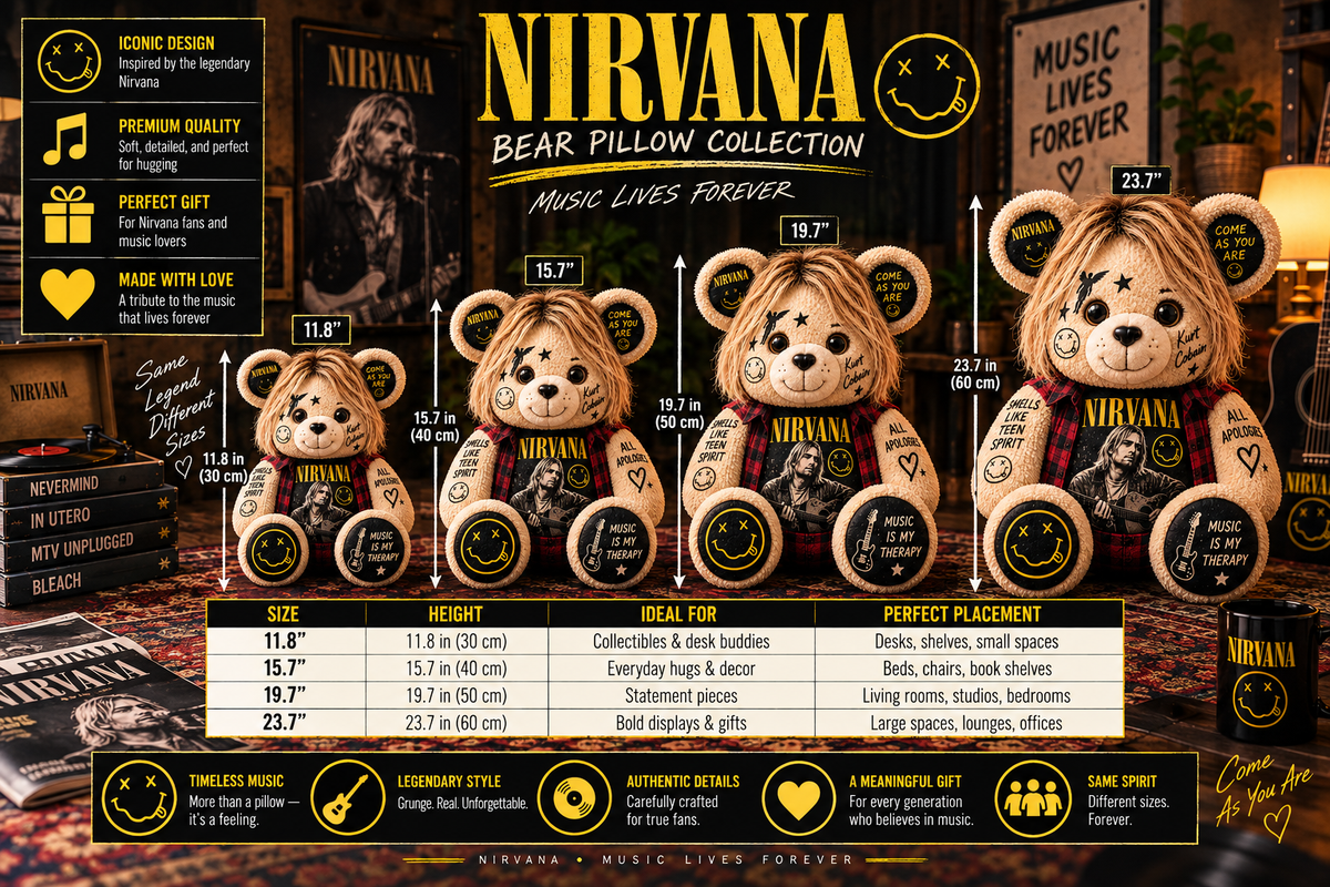 Nirvana Kurt Cobain Bear Custom Shaped Pillow – Smells Like Teen Spirit Grunge Music Fan Gift, 90s Rock Collectible
