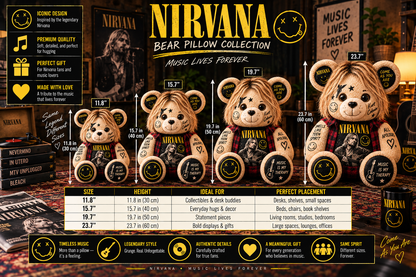 Nirvana Kurt Cobain Bear Custom Shaped Pillow – Smells Like Teen Spirit Grunge Music Fan Gift, 90s Rock Collectible