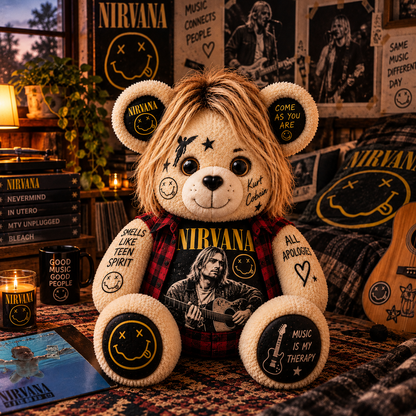 Nirvana Kurt Cobain Bear Custom Shaped Pillow – Smells Like Teen Spirit Grunge Music Fan Gift, 90s Rock Collectible