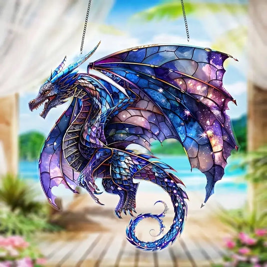 Purple Flying Dragon Stained Glass Window Hanging