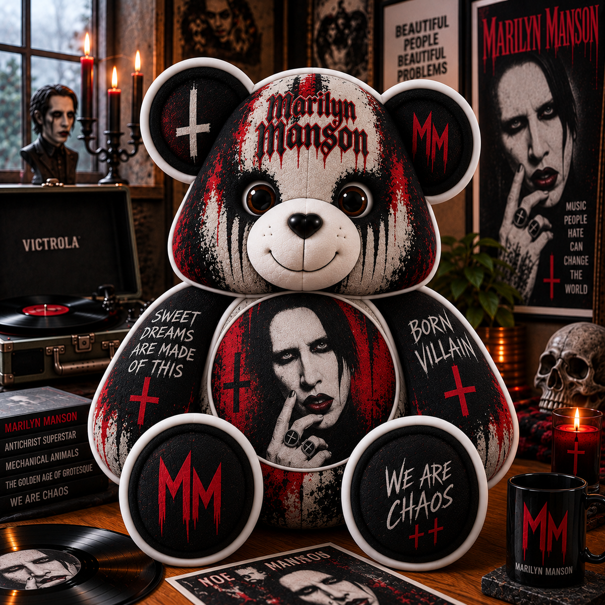 Marilyn Manson Custom Shaped Bear Pillow – Gothic Rock Music Inspired Gift for Fans