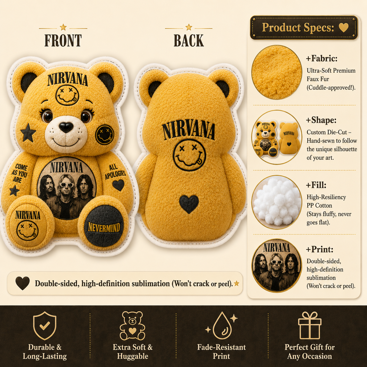 Nirvana Bear Custom Shaped Pillow – Rock Music Legend Gift