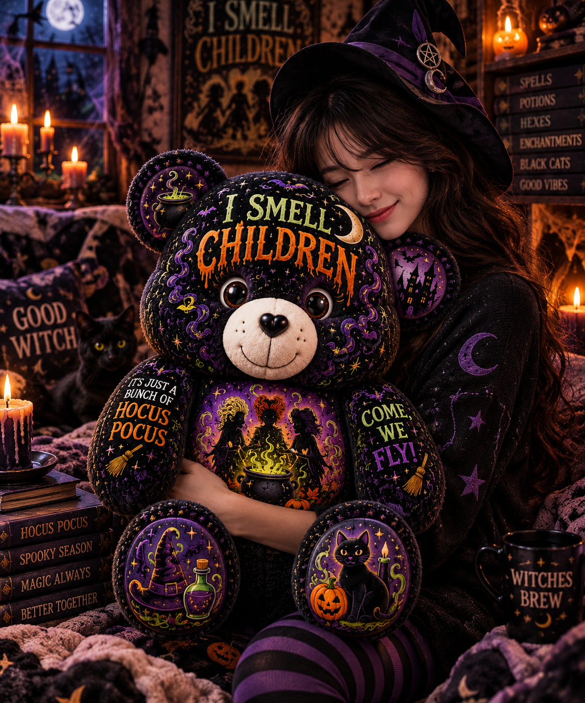 I Smell Children Witch Bear Custom Shaped Pillow – Hocus Pocus Halloween Spooky Gift