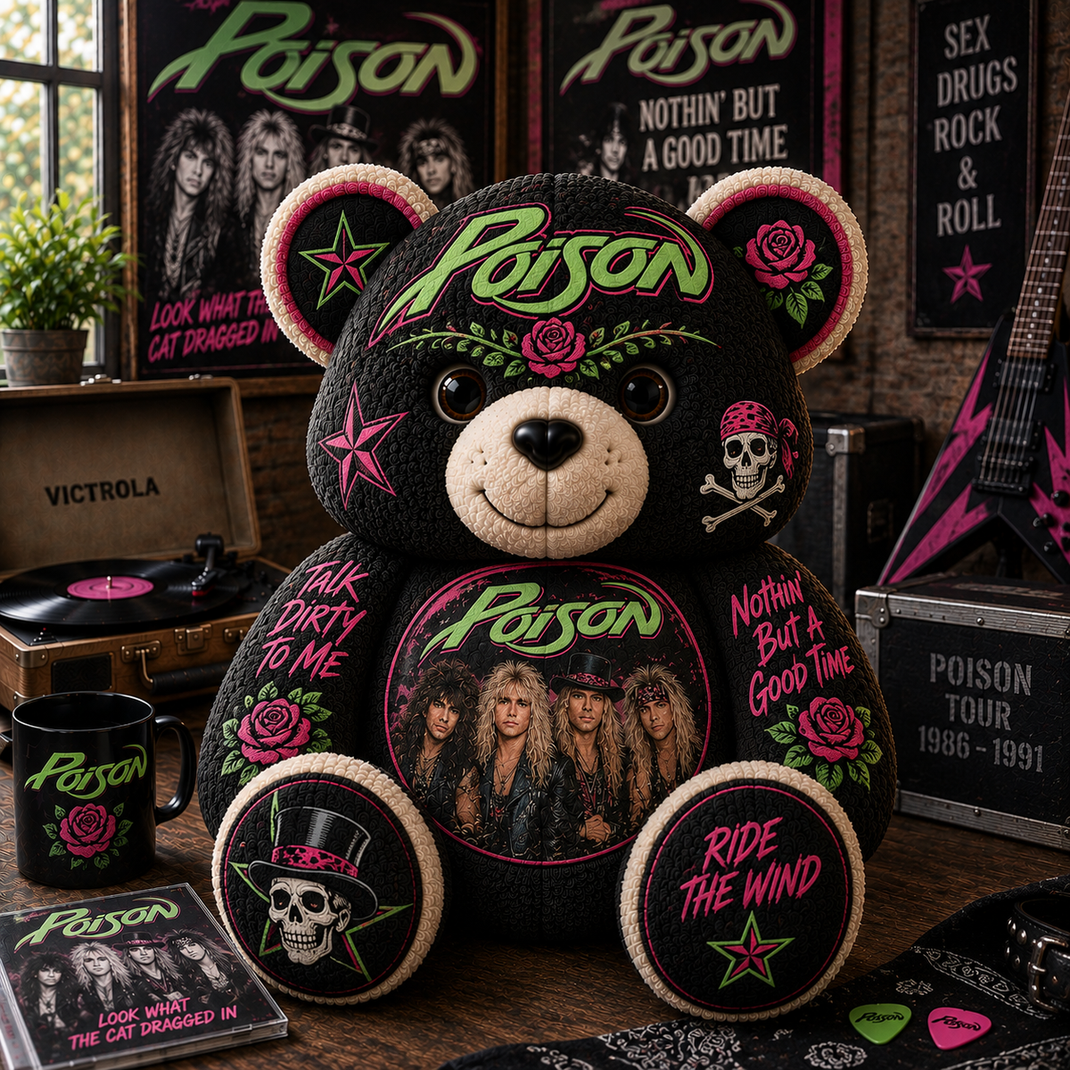 Poison Bear Custom Shaped Pillow – Nothin’ But a Good Time Music Fan Gift, Glam Rock Collectible