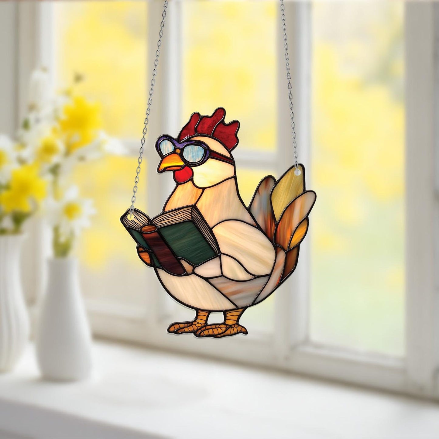 Reading Chicken Window Hanging – Funny Farm Animal Decor