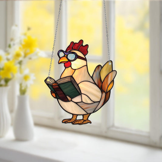 Reading Chicken Window Hanging – Funny Farm Animal Decor