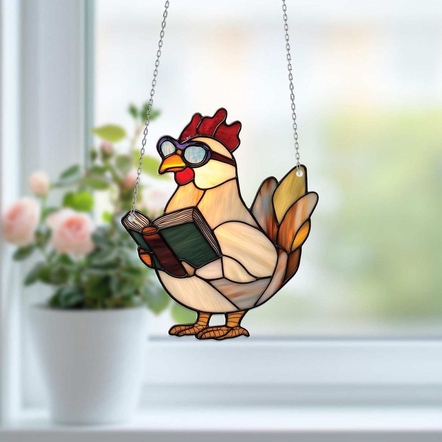 Reading Chicken Window Hanging – Funny Farm Animal Decor