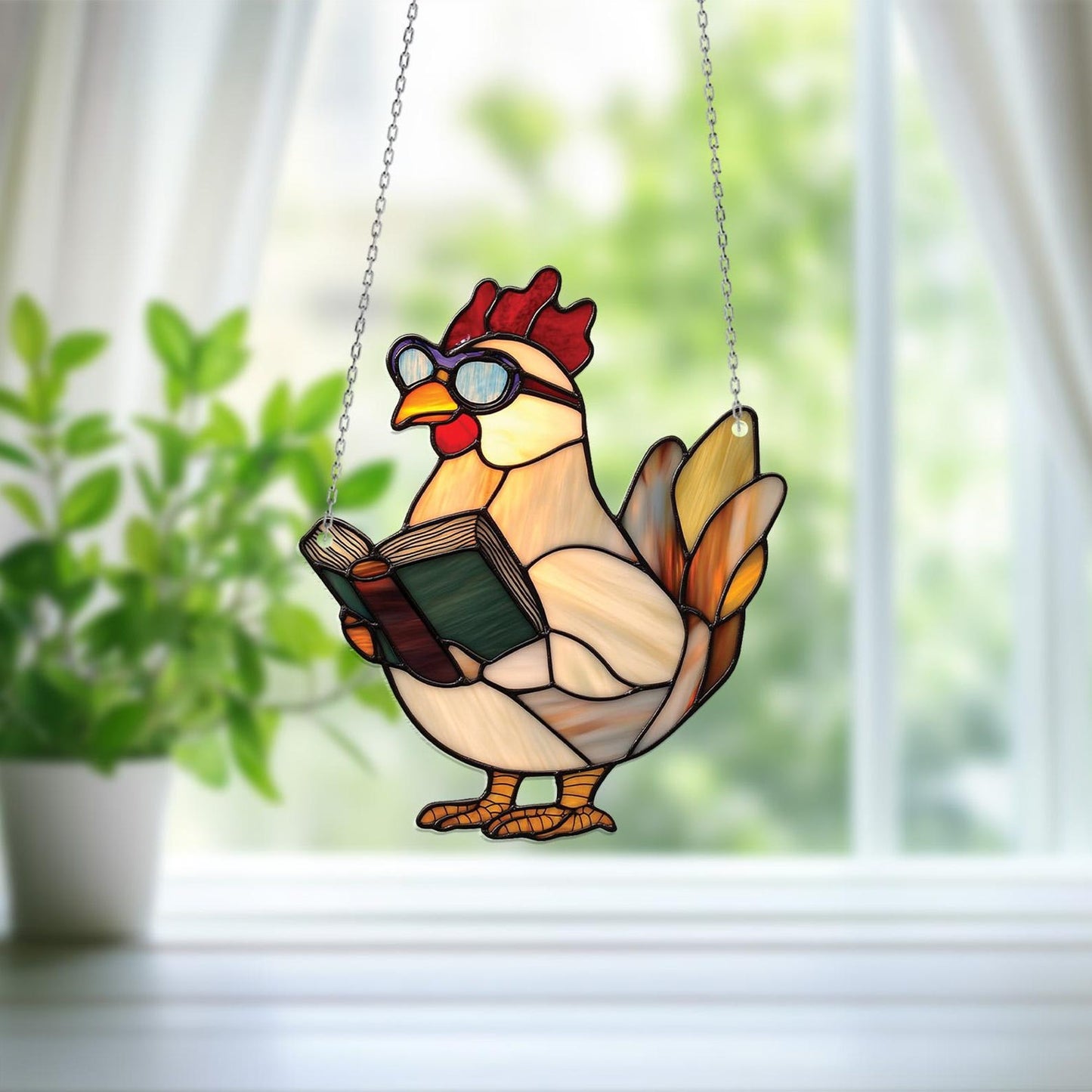 Reading Chicken Window Hanging – Funny Farm Animal Decor