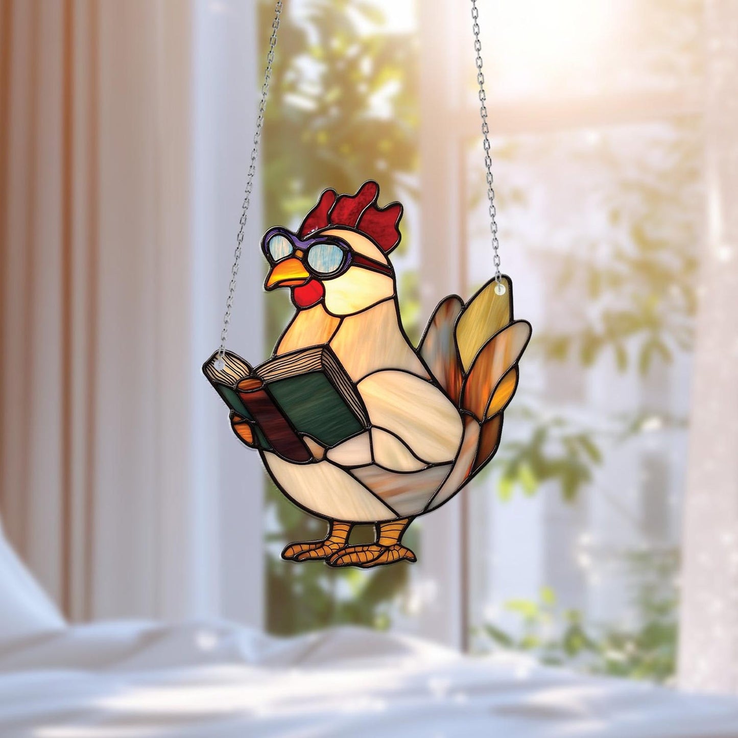 Reading Chicken Window Hanging – Funny Farm Animal Decor