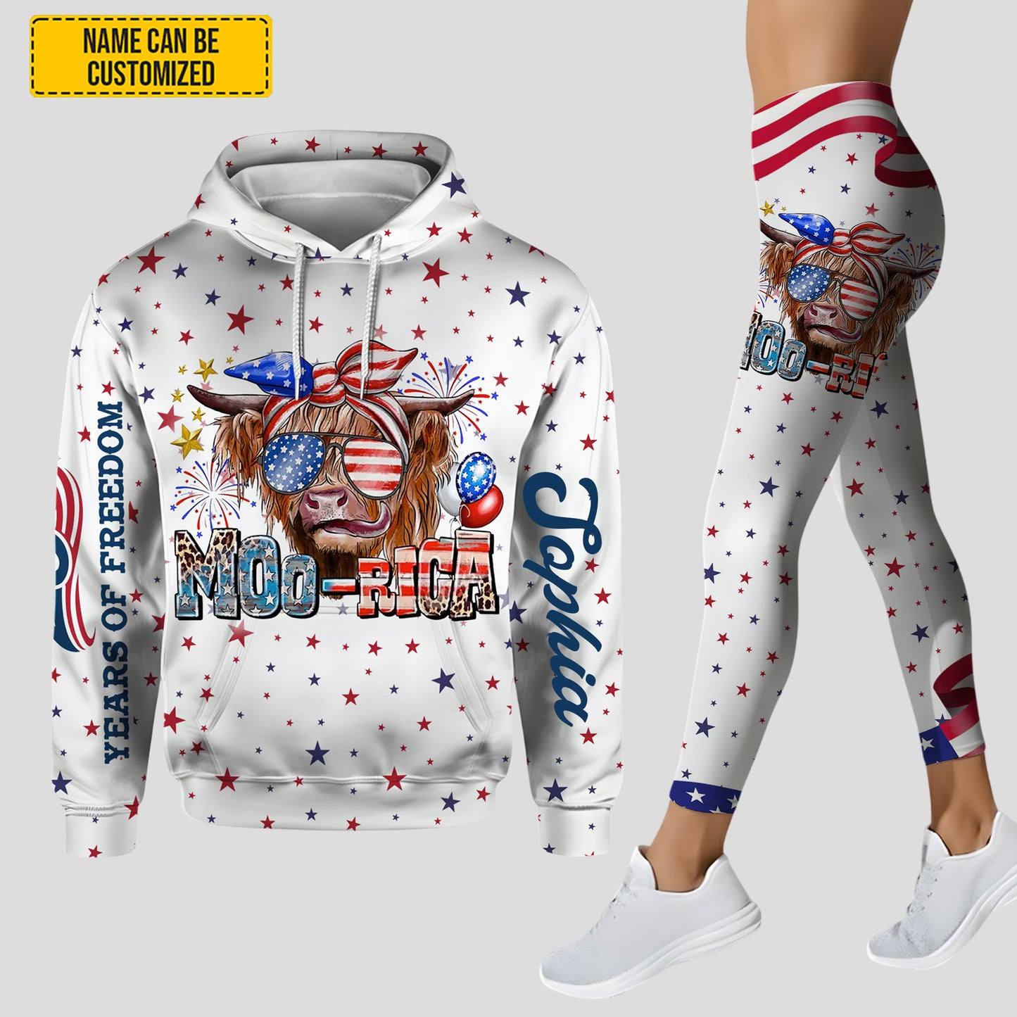 Moo-rica Freedom 250 – Personalized Patriotic Cow Hoodie & Leggings