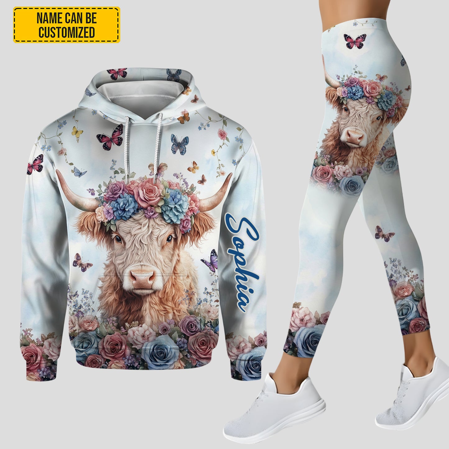 Personalized Floral Highland Cow Hoodie & Leggings Set