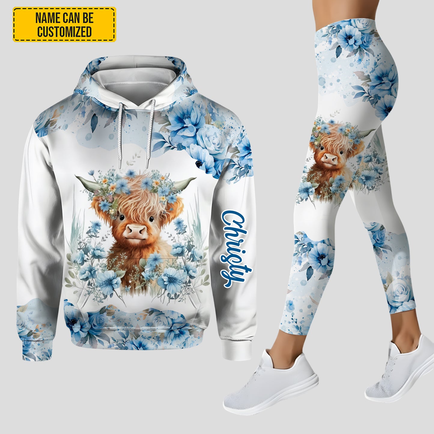 Personalized Floral Highland Cow Hoodie and Leggings