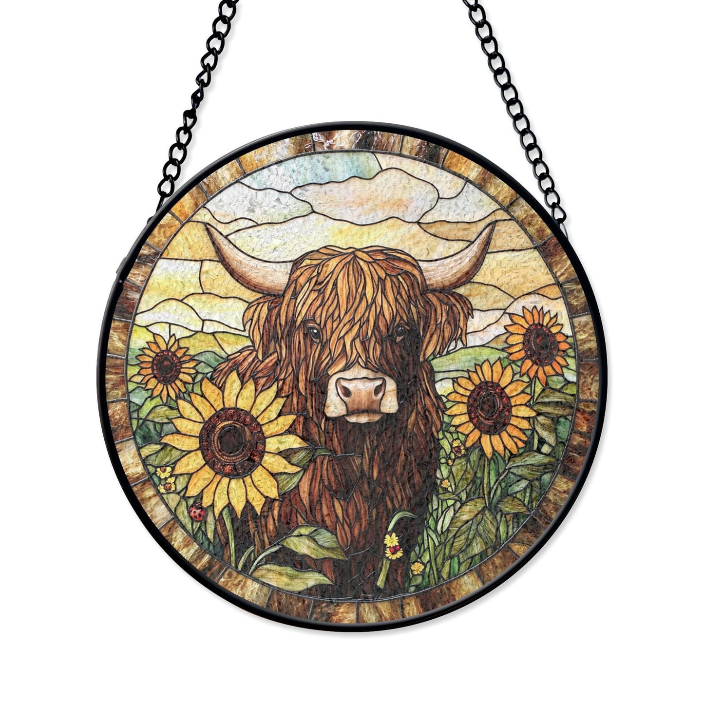 Highland Cow Sunflower Stained Glass Suncatcher