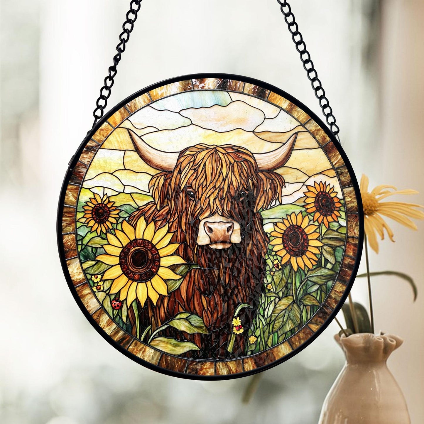 Highland Cow Sunflower Stained Glass Suncatcher
