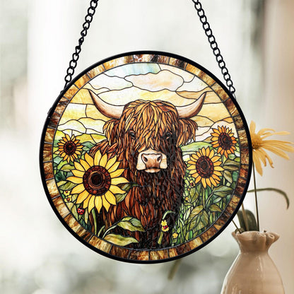 Highland Cow Sunflower Stained Glass Suncatcher