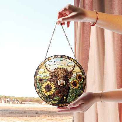 Highland Cow Sunflower Stained Glass Suncatcher