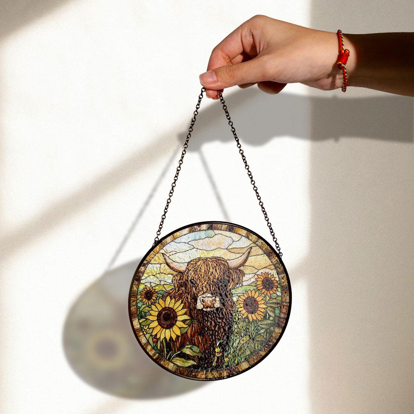 Highland Cow Sunflower Stained Glass Suncatcher