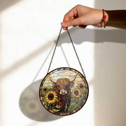 Highland Cow Sunflower Stained Glass Suncatcher