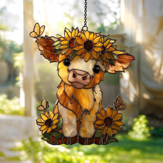 Highland Cow Sunflower Stained Glass Suncatcher