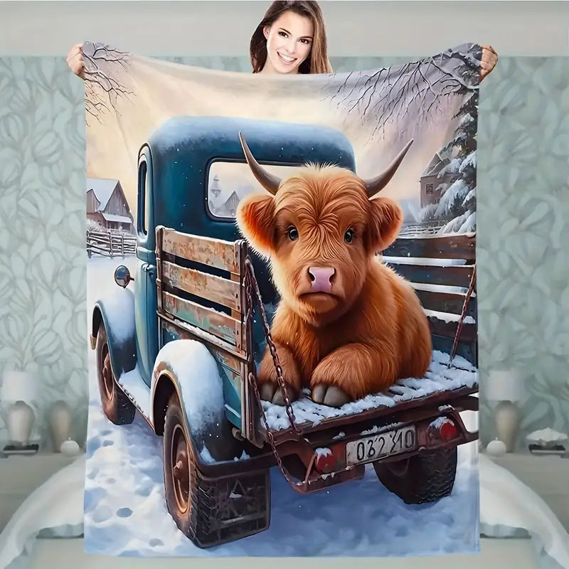 Cozy Winter Cow And Truck Blanket - Perfect Holiday Gift
