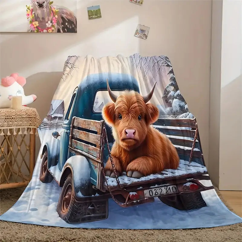 Cozy Winter Cow And Truck Blanket - Perfect Holiday Gift