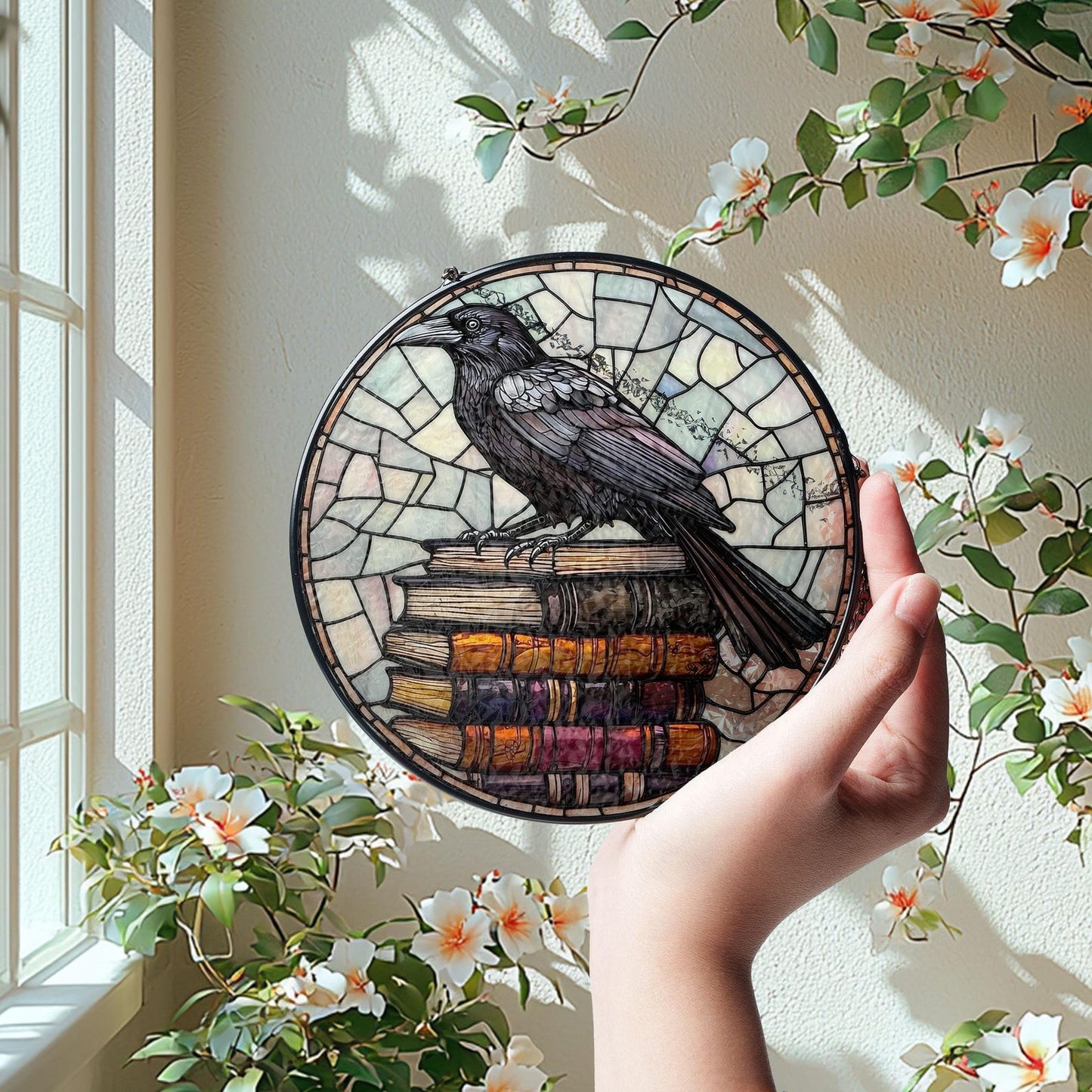 Raven And Books Stained Glass Suncatcher