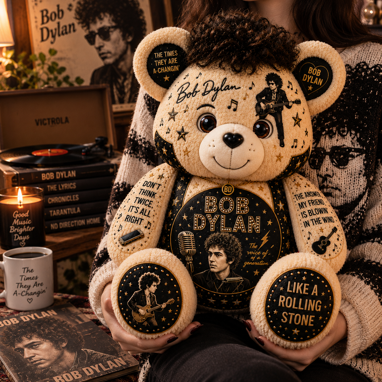 Bob Dylan Bear Custom Shaped Pillow – Like a Rolling Stone Music Fan Gift, Classic Folk Rock Legend Decor